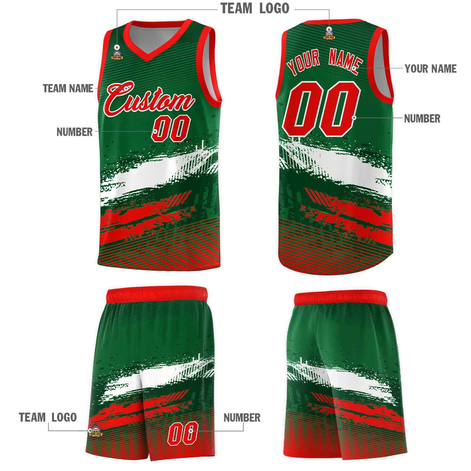 Custom Kelly Green White and Red Graffiti Pattern Sports Uniform Basketball Jersey|KXKSHOP