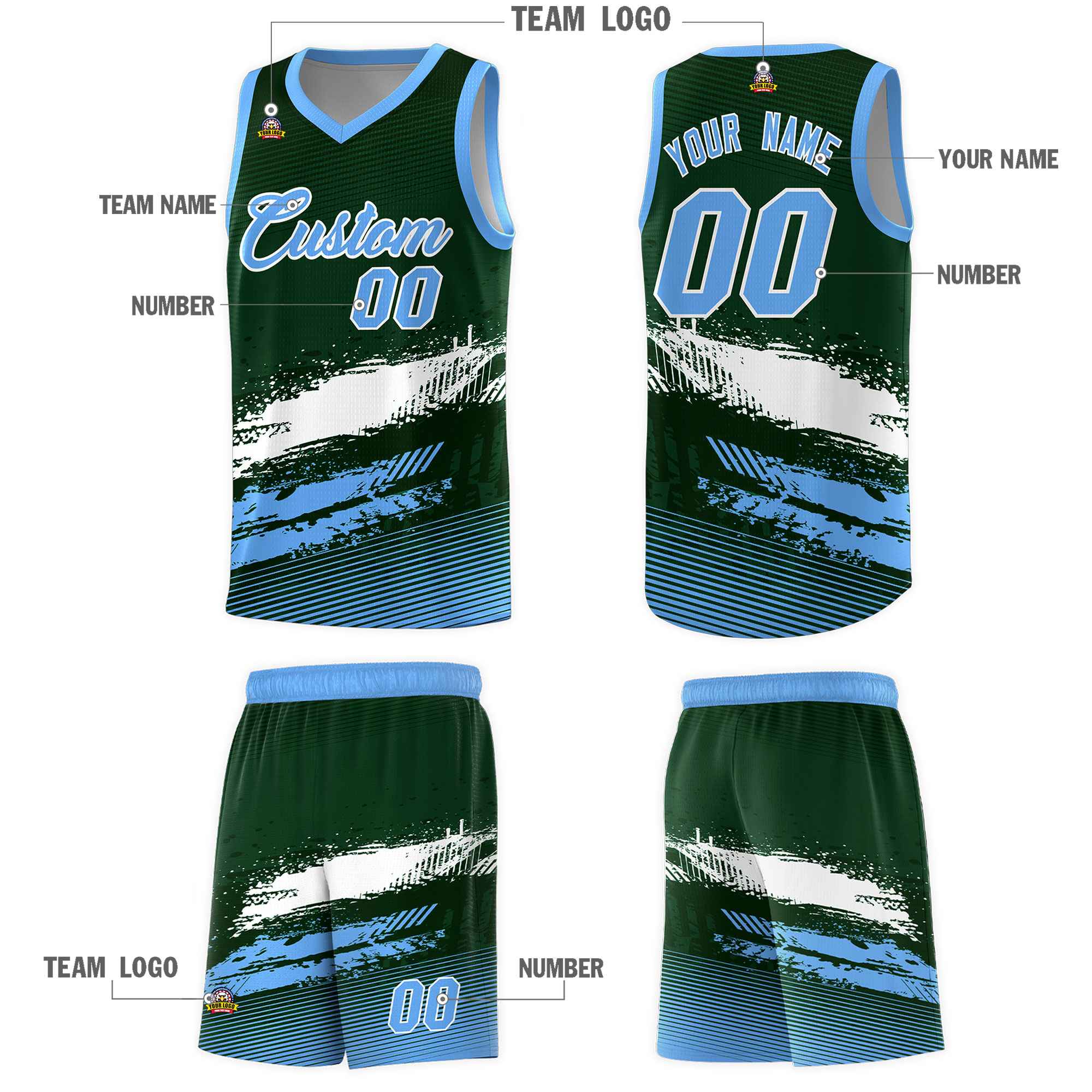 Custom Green White and Powder Blue Graffiti Pattern Sports Uniform Basketball Jersey|KXKSHOP