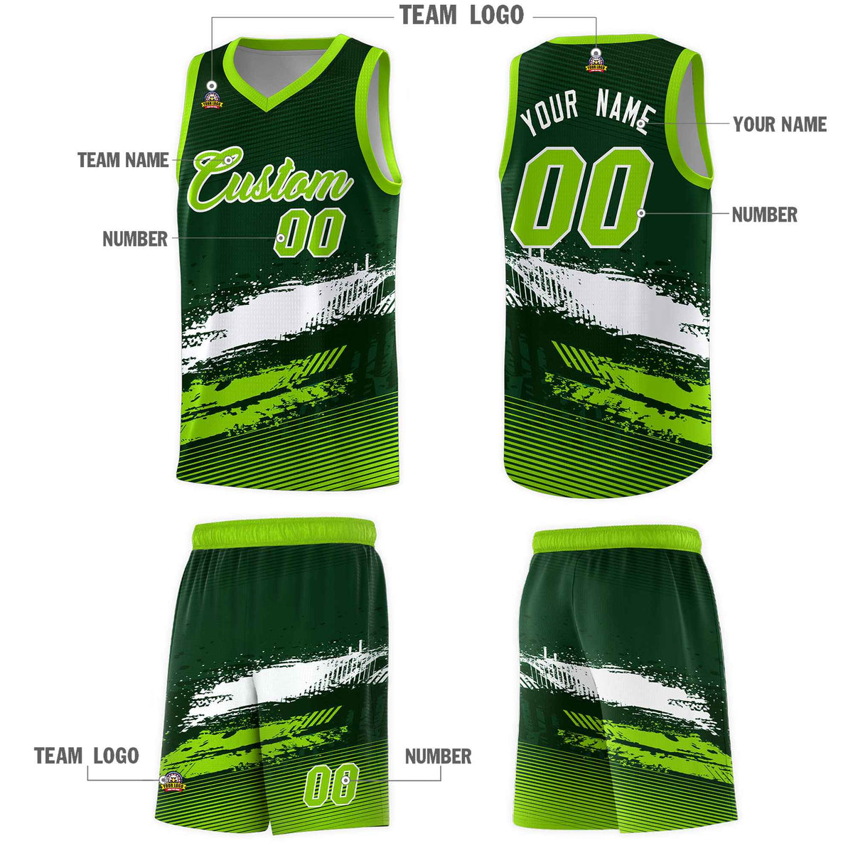 Custom Green White and Neon Green Graffiti Pattern Sports Uniform Basketball Jersey|KXKSHOP