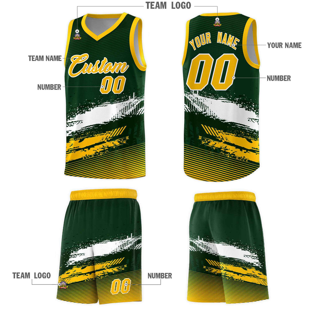 Custom Green White and Yellow Graffiti Pattern Sports Uniform Basketball Jersey|KXKSHOP