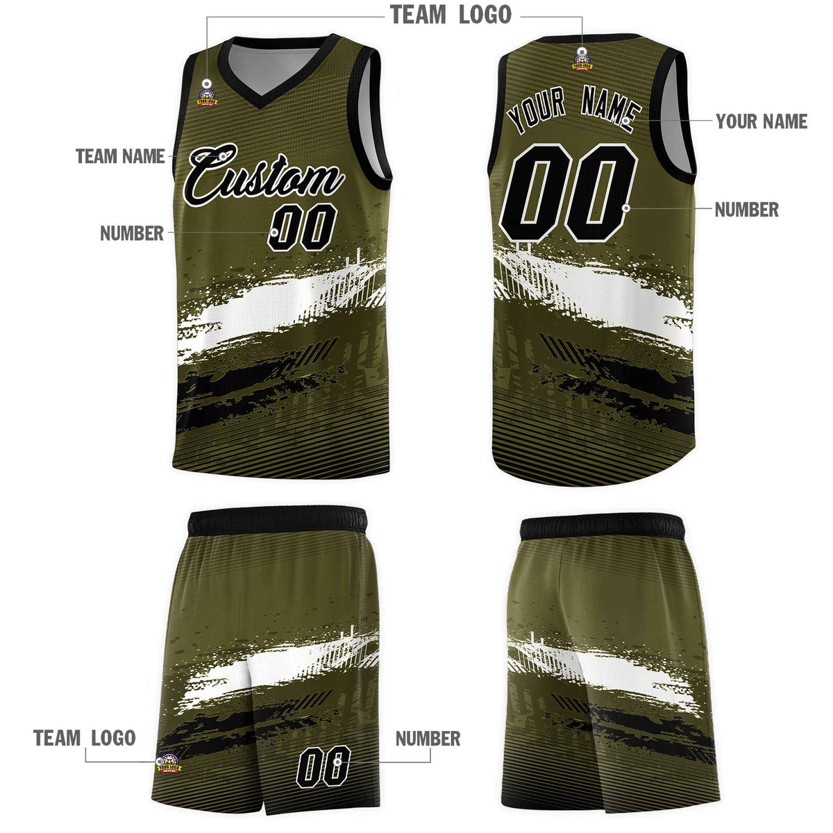 Custom Olive White and Black Graffiti Pattern Sports Uniform Basketball Jersey|KXKSHOP
