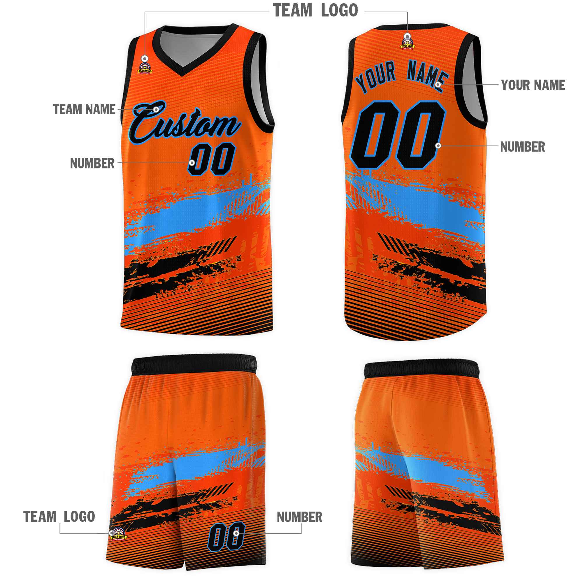 Custom Orange Powder Blue and Black Graffiti Pattern Sports Uniform Basketball Jersey|KXKSHOP