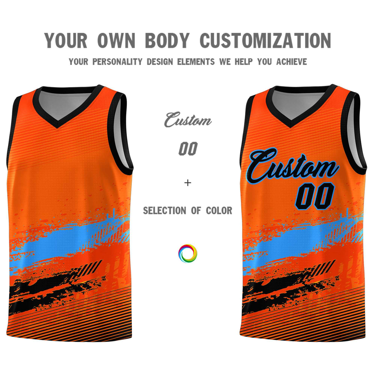 Custom Orange Powder Blue and Black Graffiti Pattern Sports Uniform Basketball Jersey|KXKSHOP