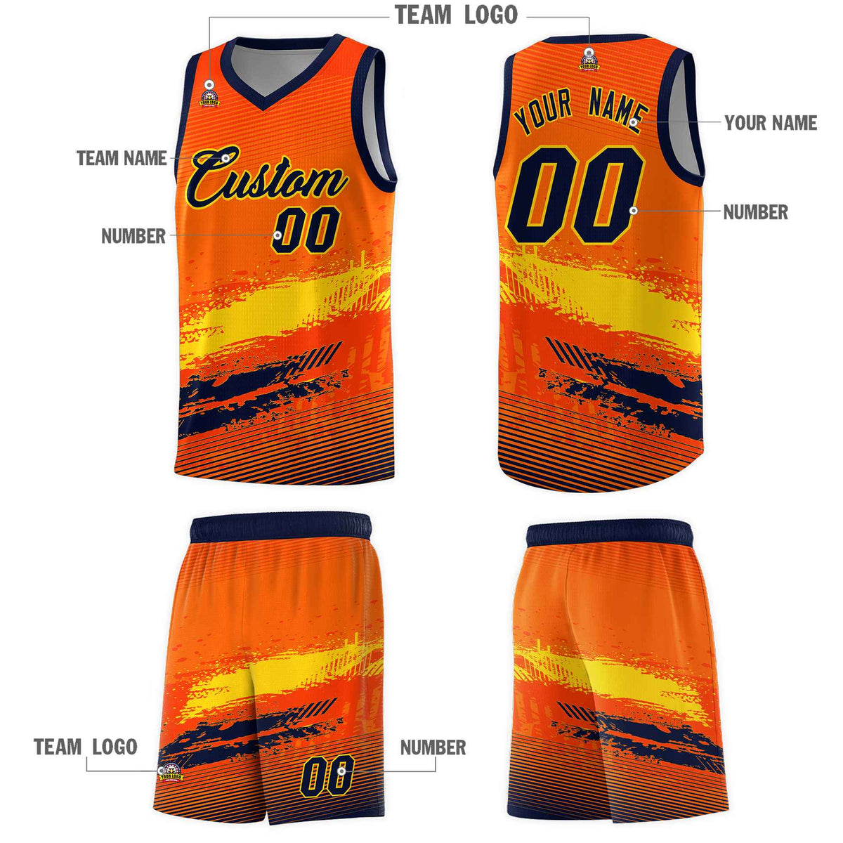 Custom Orange Gold and Navy Graffiti Pattern Sports Uniform Basketball Jersey|KXKSHOP