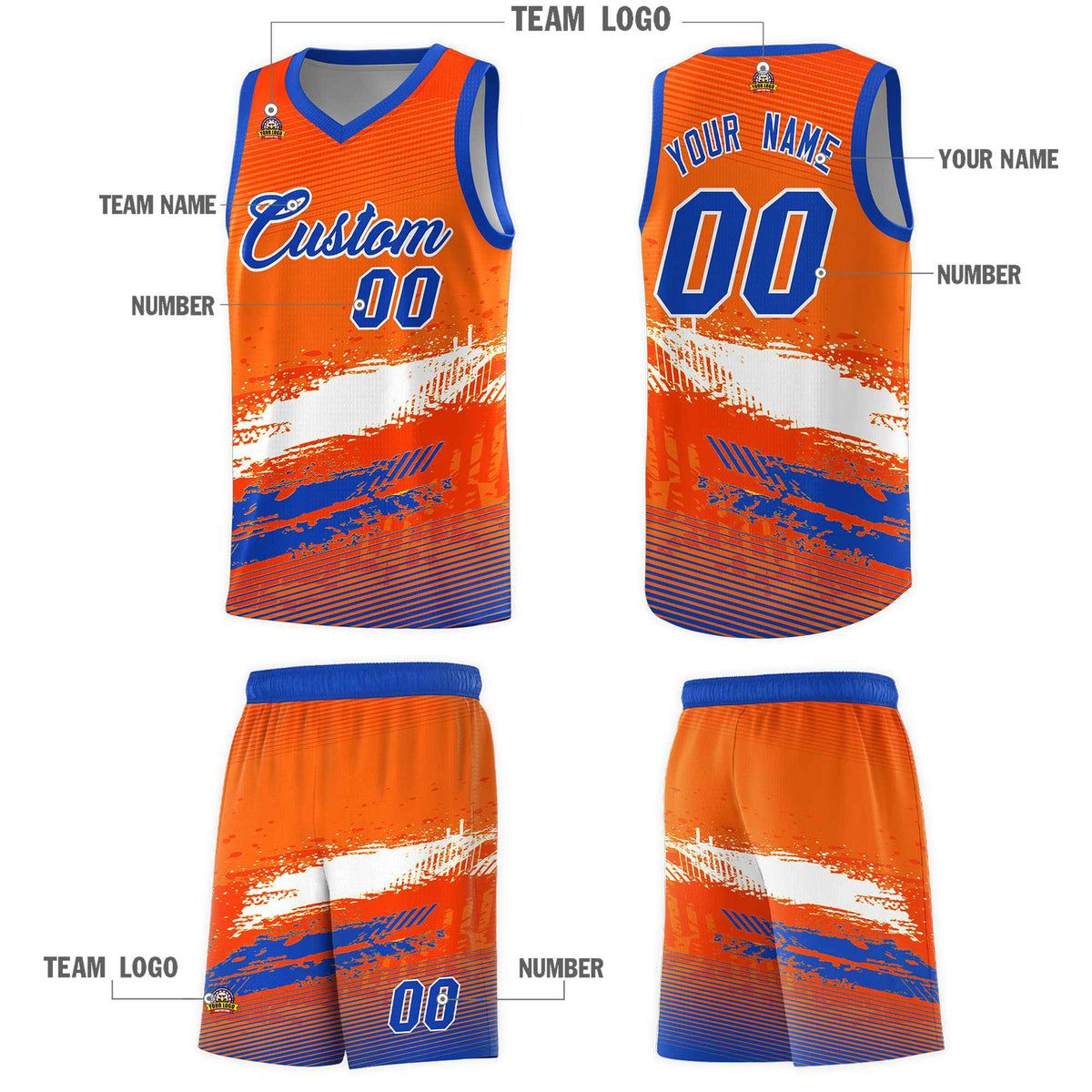 Custom Orange White and Royal Graffiti Pattern Sports Uniform Basketball Jersey|KXKSHOP