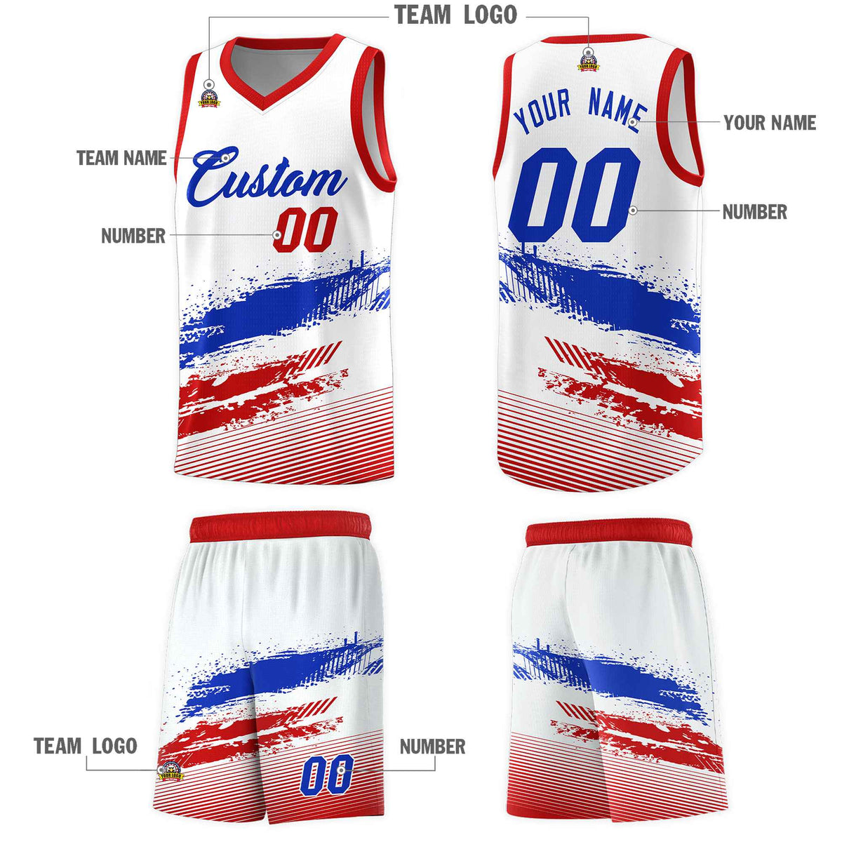 Custom White Royal and Red Graffiti Pattern Sports Uniform Basketball Jersey|KXKSHOP