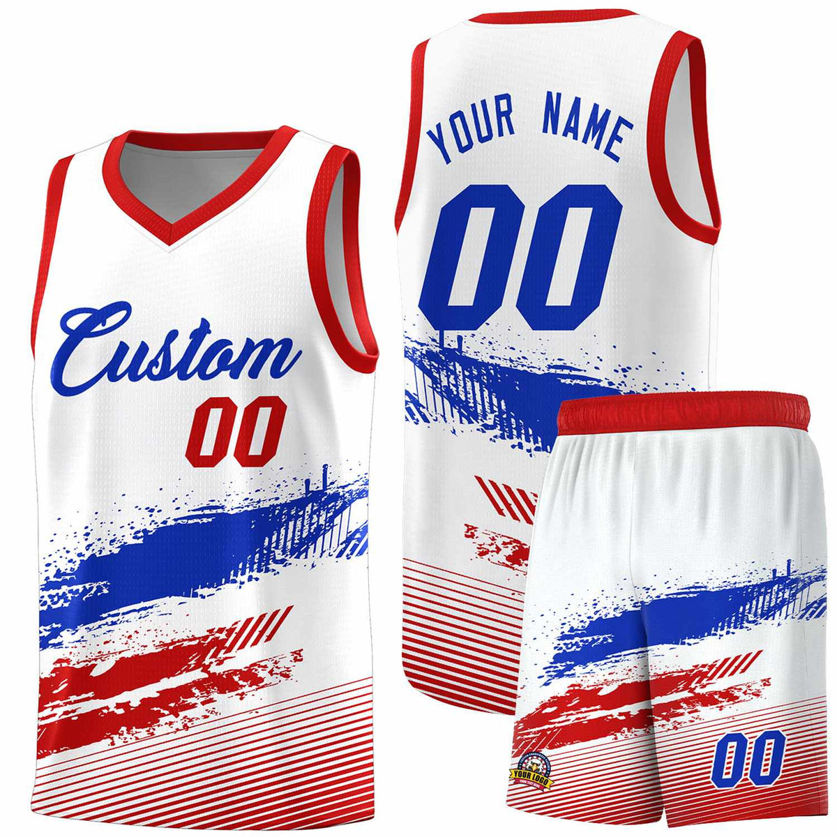 Custom White Royal and Red Graffiti Pattern Sports Uniform Basketball Jersey|KXKSHOP