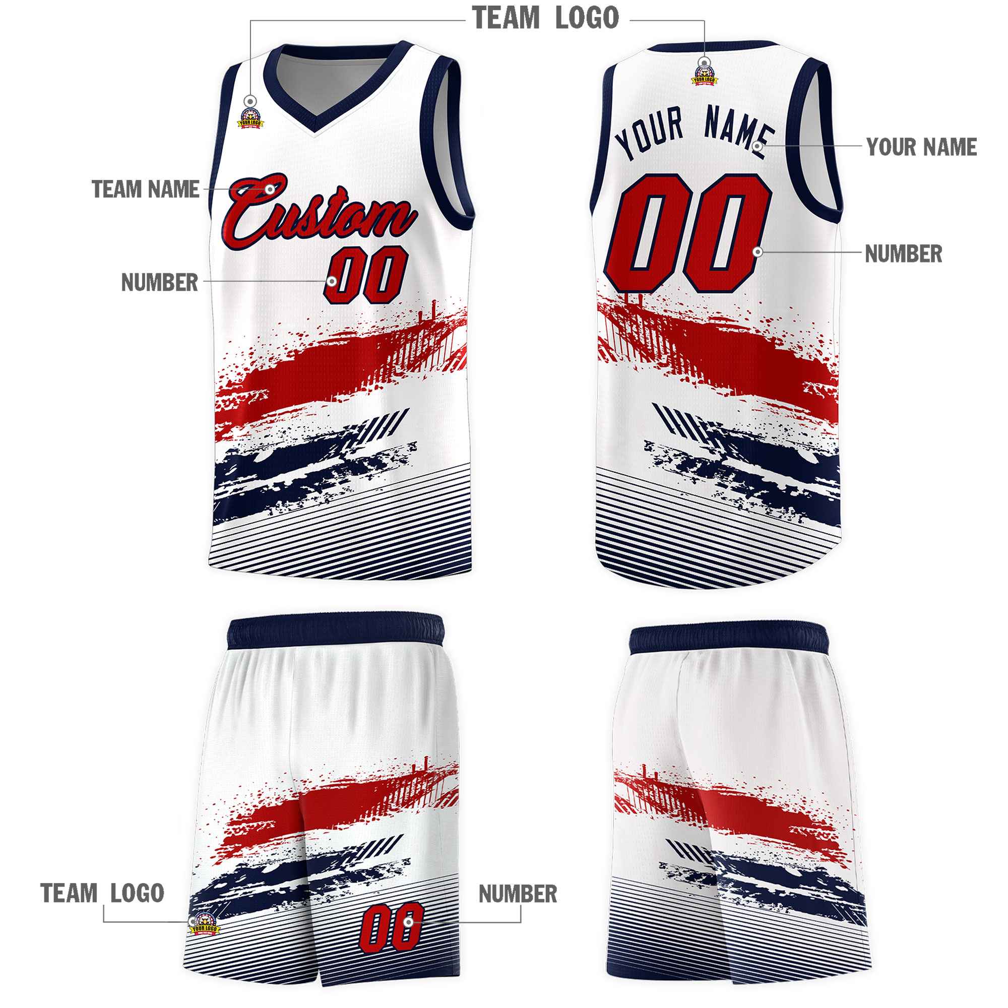 Custom White Red and Navy Graffiti Pattern Sports Uniform Basketball Jersey|KXKSHOP