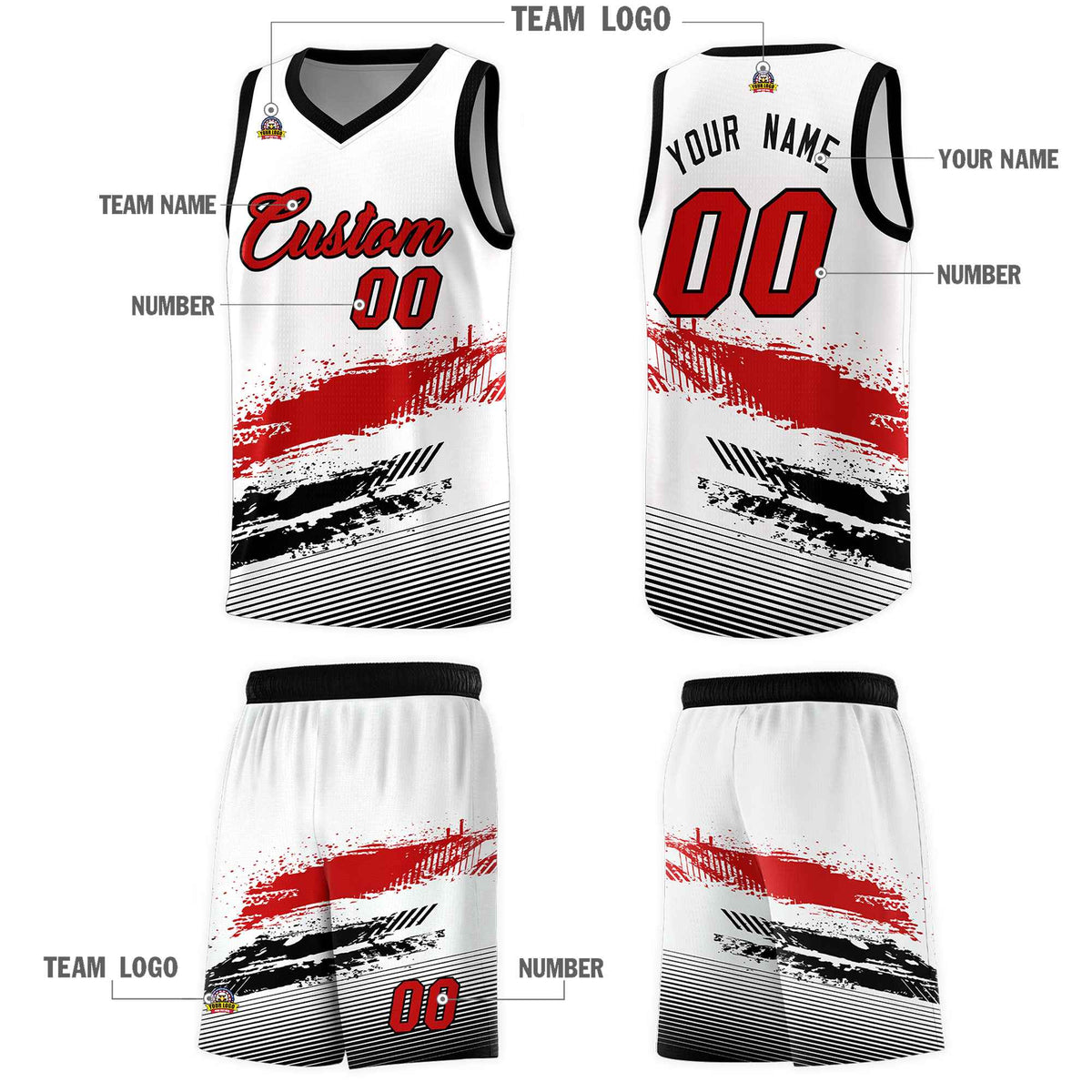 Custom White Red and Black Graffiti Pattern Sports Uniform Basketball Jersey|KXKSHOP