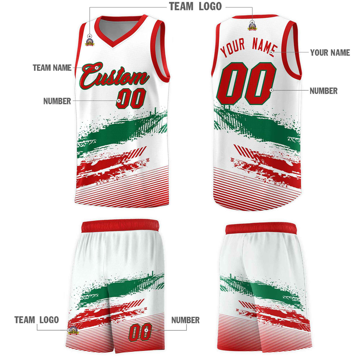 Custom White Kelly Green and Red Graffiti Pattern Sports Uniform Basketball Jersey|KXKSHOP