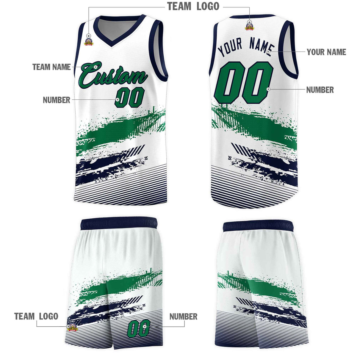 Custom White Kelly Green and Navy Graffiti Pattern Sports Uniform Basketball Jersey|KXKSHOP