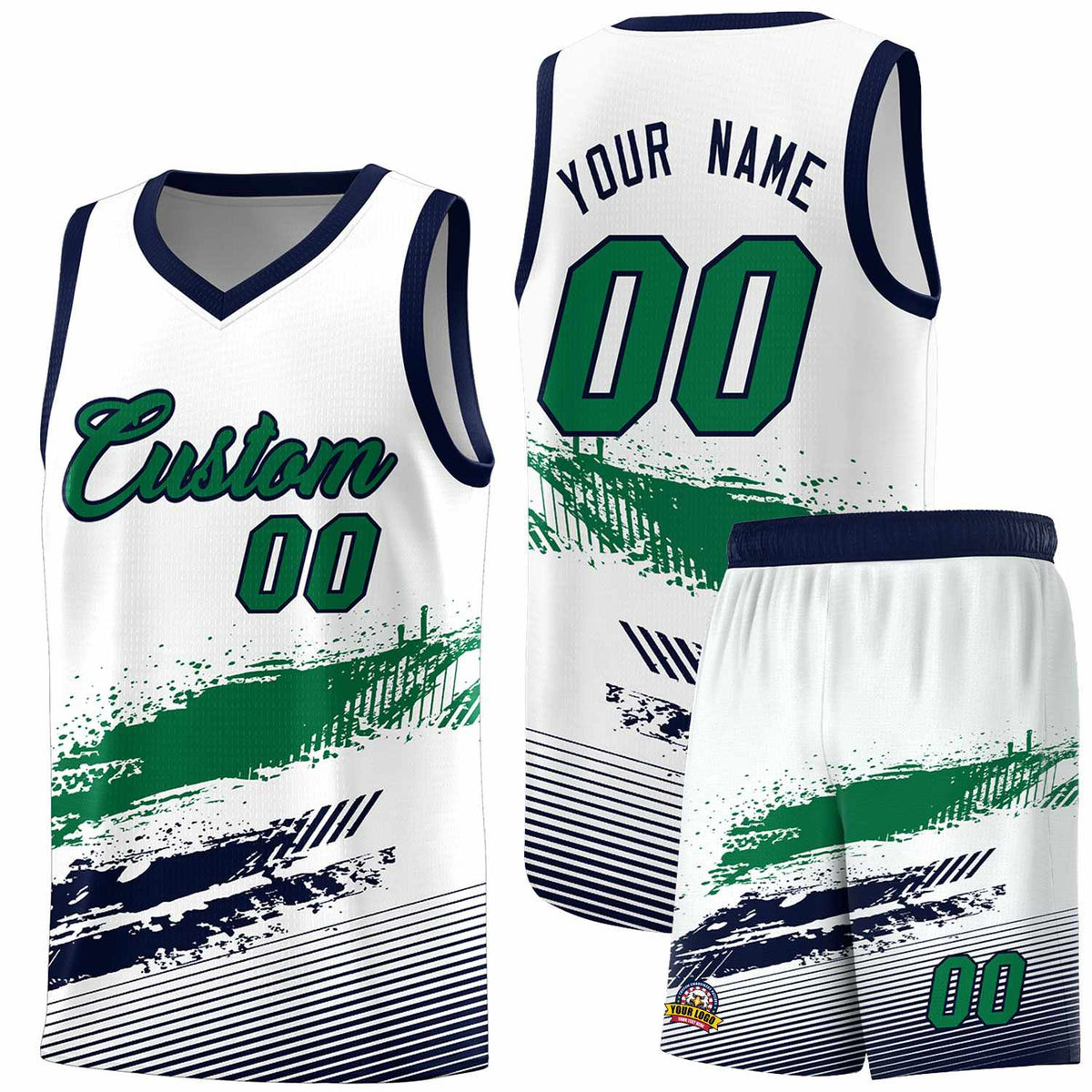 Custom White Kelly Green and Navy Graffiti Pattern Sports Uniform Basketball Jersey|KXKSHOP