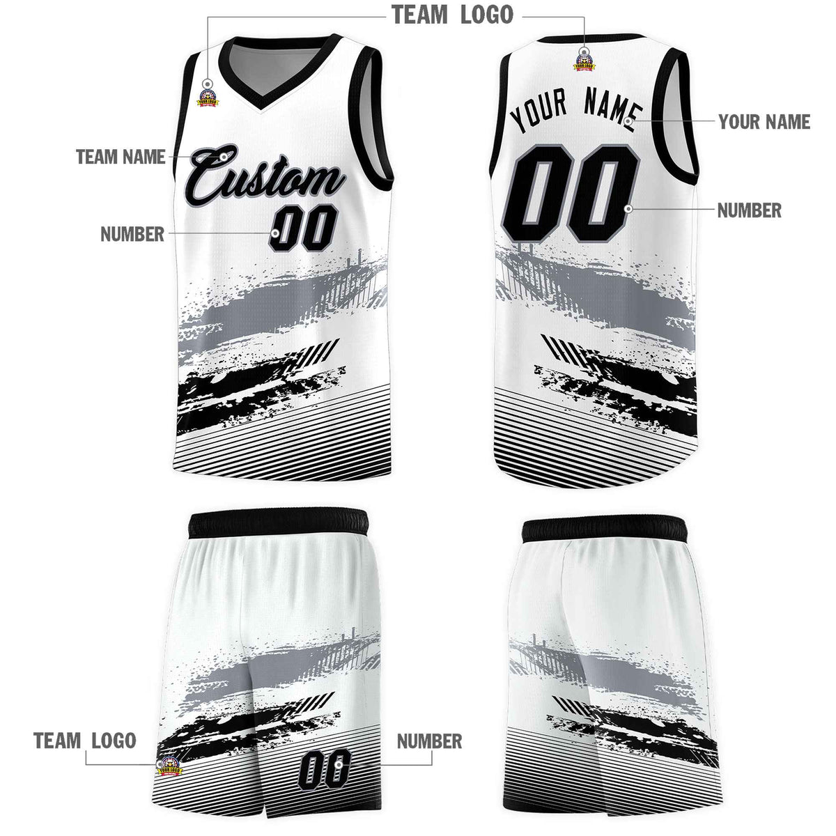 Custom White Gray and Black Graffiti Pattern Sports Uniform Basketball Jersey|KXKSHOP