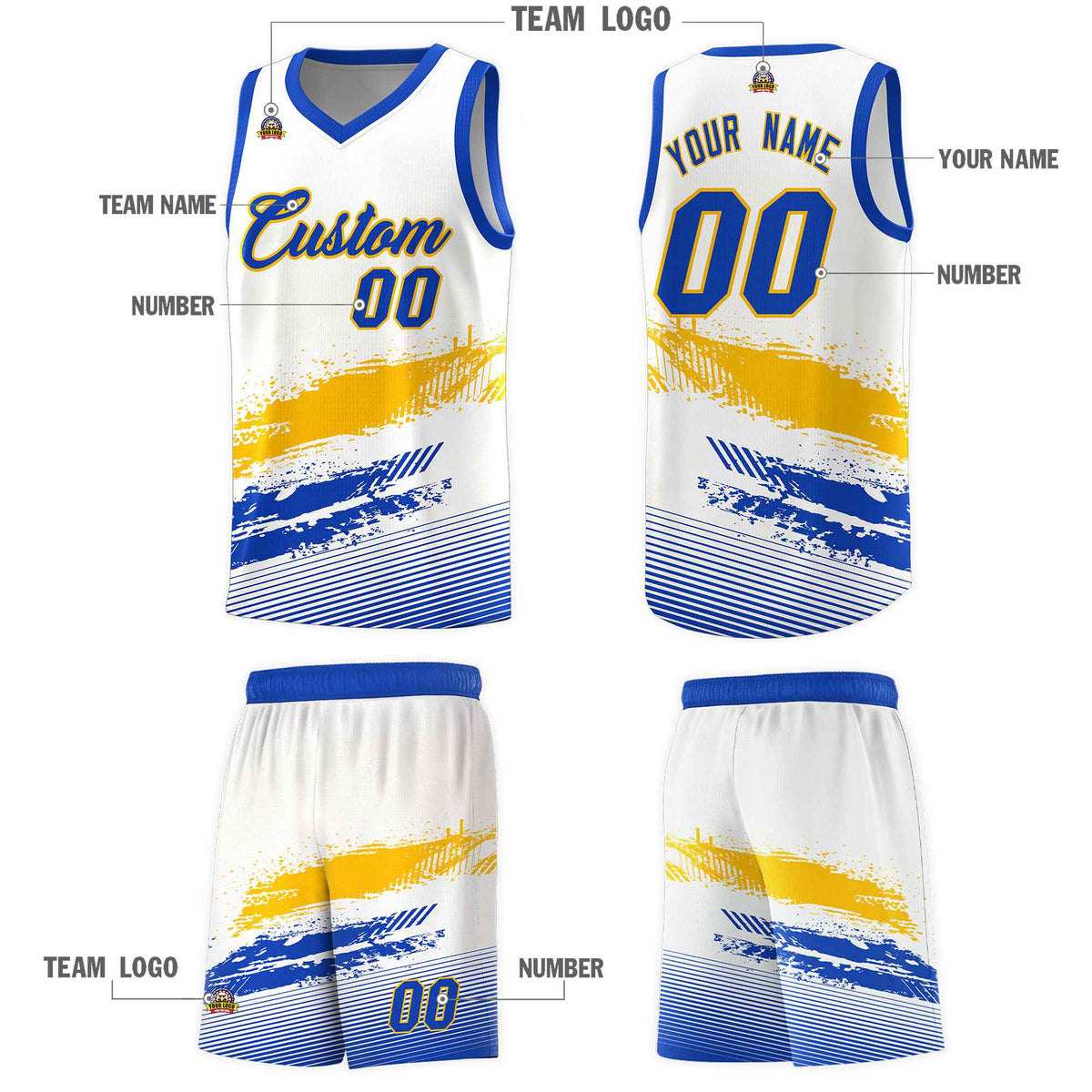 Custom White Yellow and Royal Graffiti Pattern Sports Uniform Basketball Jersey|KXKSHOP