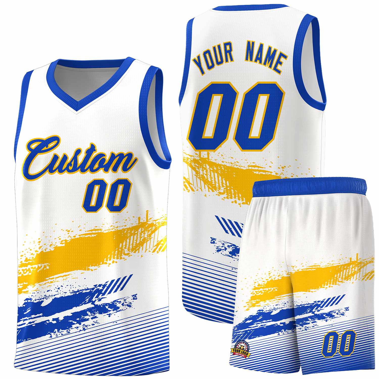 Custom White Yellow and Royal Graffiti Pattern Sports Uniform Basketball Jersey|KXKSHOP