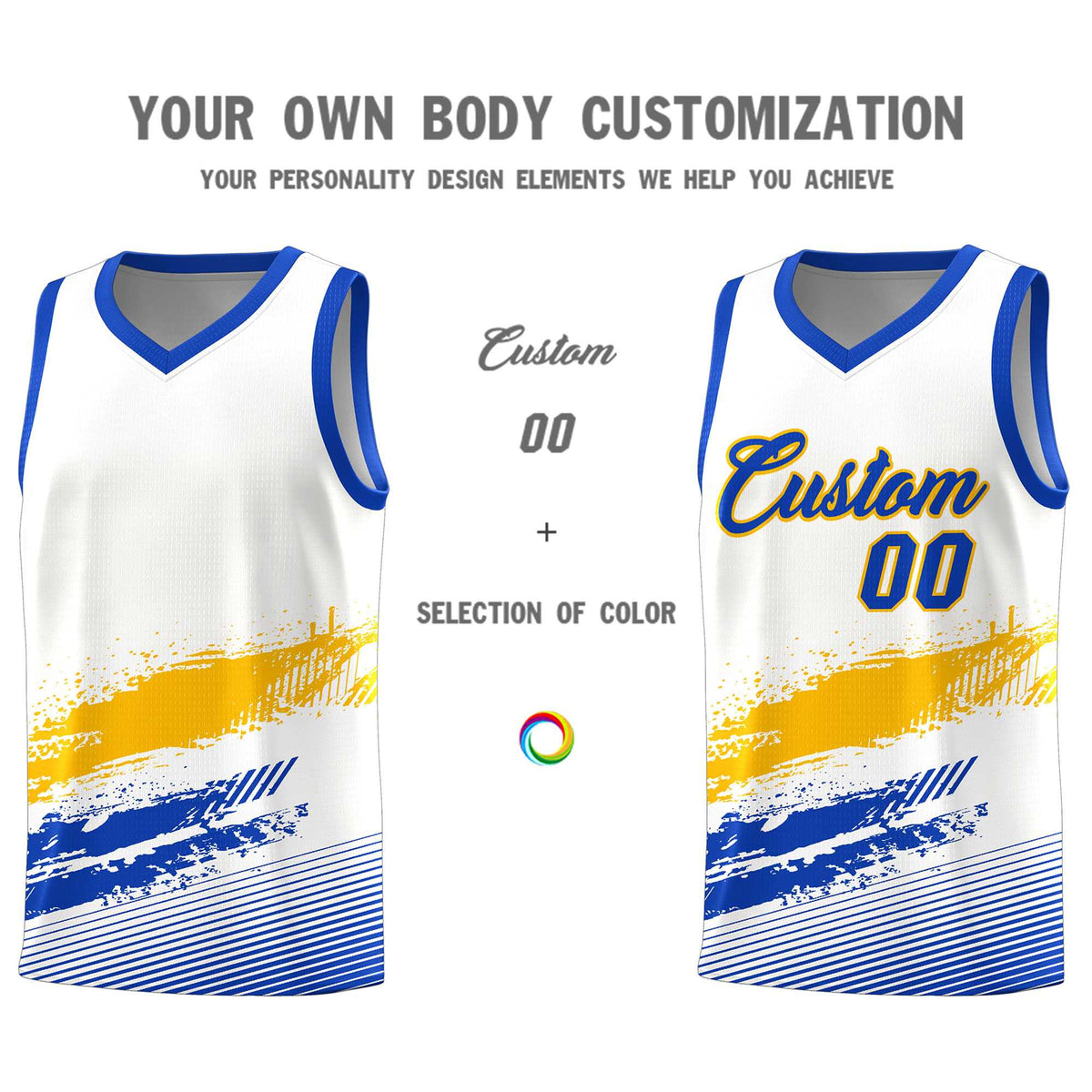 Custom White Yellow and Royal Graffiti Pattern Sports Uniform Basketball Jersey|KXKSHOP
