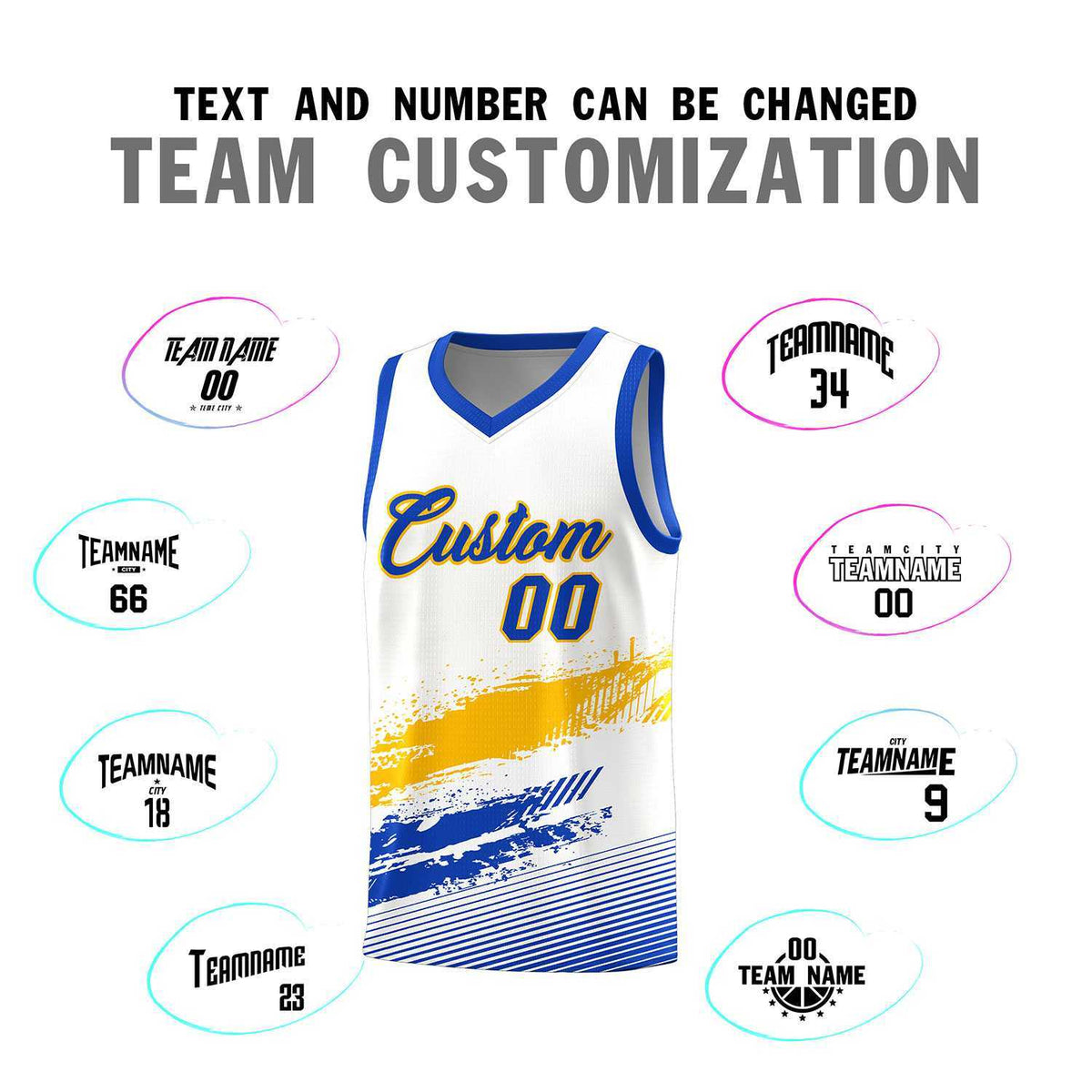 Custom White Yellow and Royal Graffiti Pattern Sports Uniform Basketball Jersey|KXKSHOP