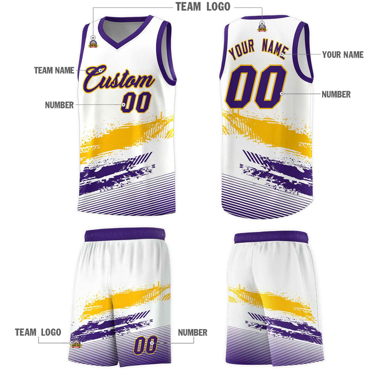 Custom White Yellow and Purple Graffiti Pattern Sports Uniform Basketball Jersey|KXKSHOP