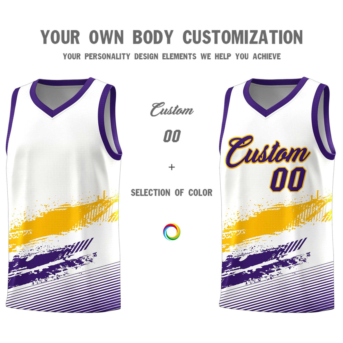 Custom White Yellow and Purple Graffiti Pattern Sports Uniform Basketball Jersey|KXKSHOP