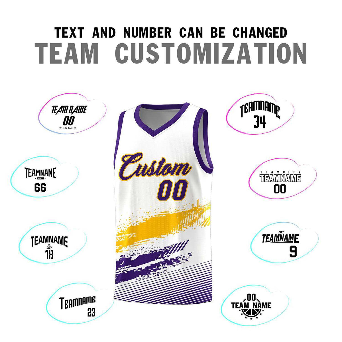 Custom White Yellow and Purple Graffiti Pattern Sports Uniform Basketball Jersey|KXKSHOP
