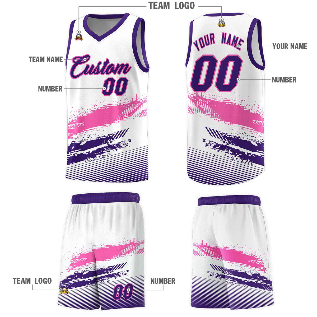 Custom White Pink and Purple Graffiti Pattern Sports Uniform Basketball Jersey|KXKSHOP