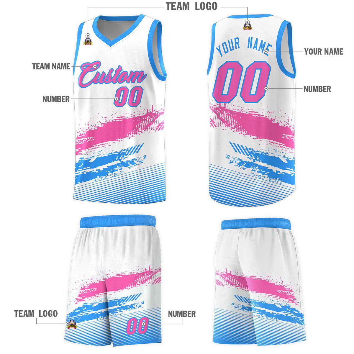Custom White Pink and Powder Blue Graffiti Pattern Sports Uniform Basketball Jersey|KXKSHOP