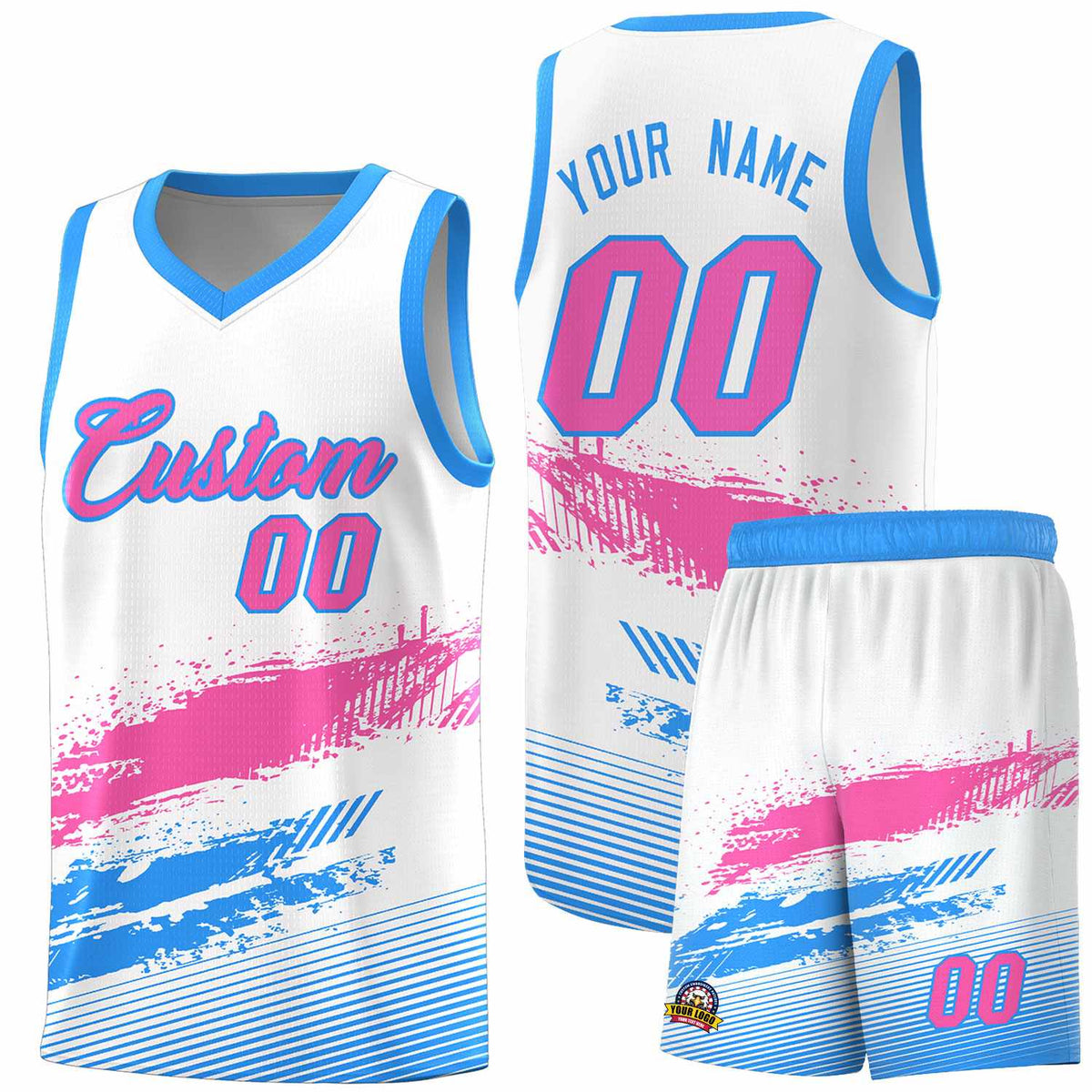 Custom White Pink and Powder Blue Graffiti Pattern Sports Uniform Basketball Jersey|KXKSHOP