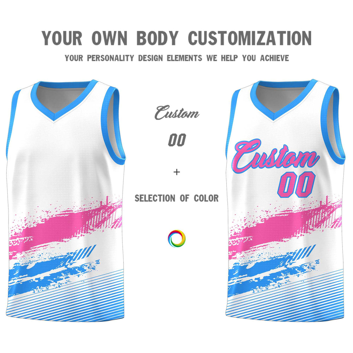 Custom White Pink and Powder Blue Graffiti Pattern Sports Uniform Basketball Jersey|KXKSHOP