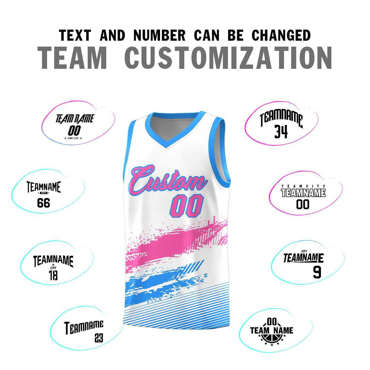 Custom White Pink and Powder Blue Graffiti Pattern Sports Uniform Basketball Jersey|KXKSHOP
