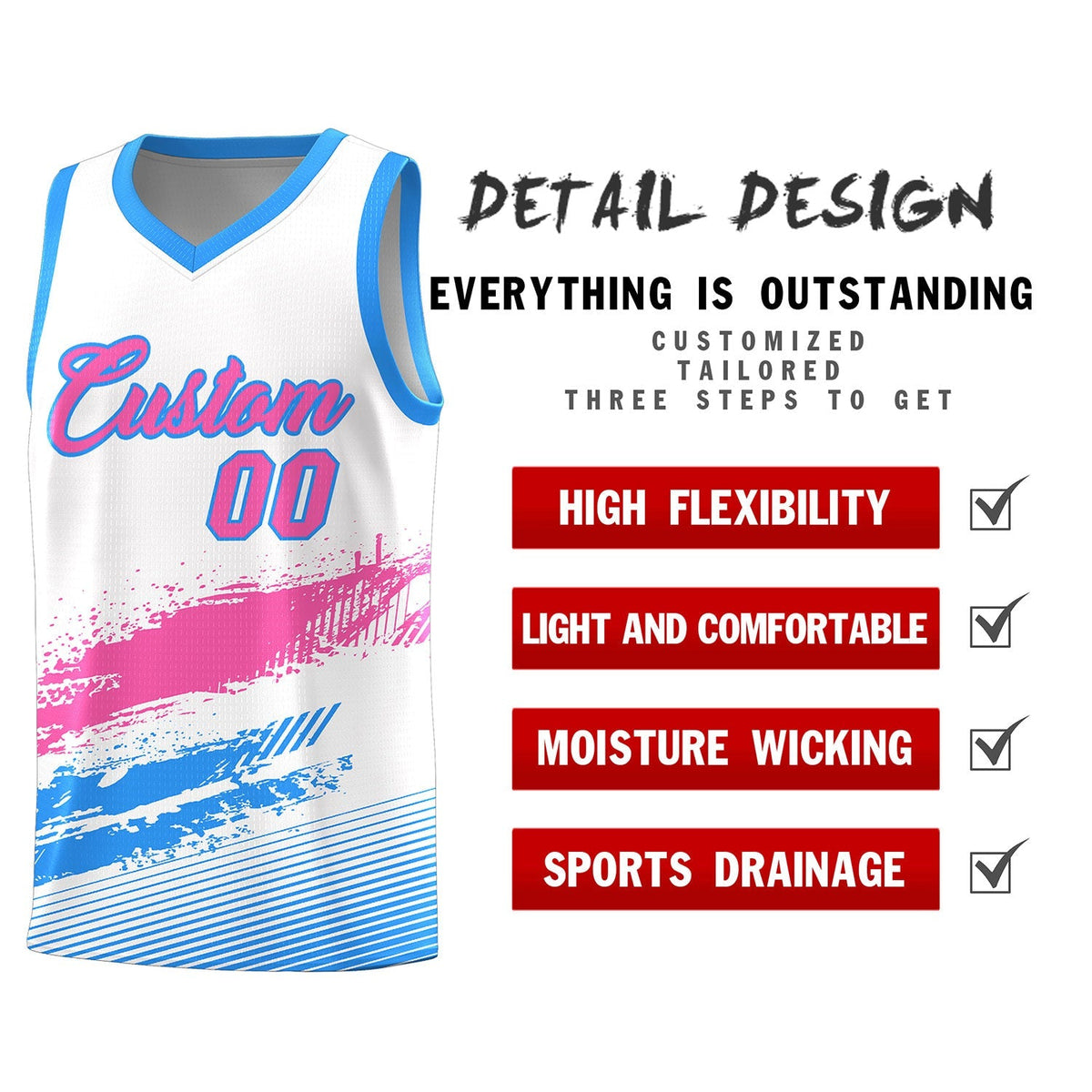 Custom White Pink and Powder Blue Graffiti Pattern Sports Uniform Basketball Jersey|KXKSHOP