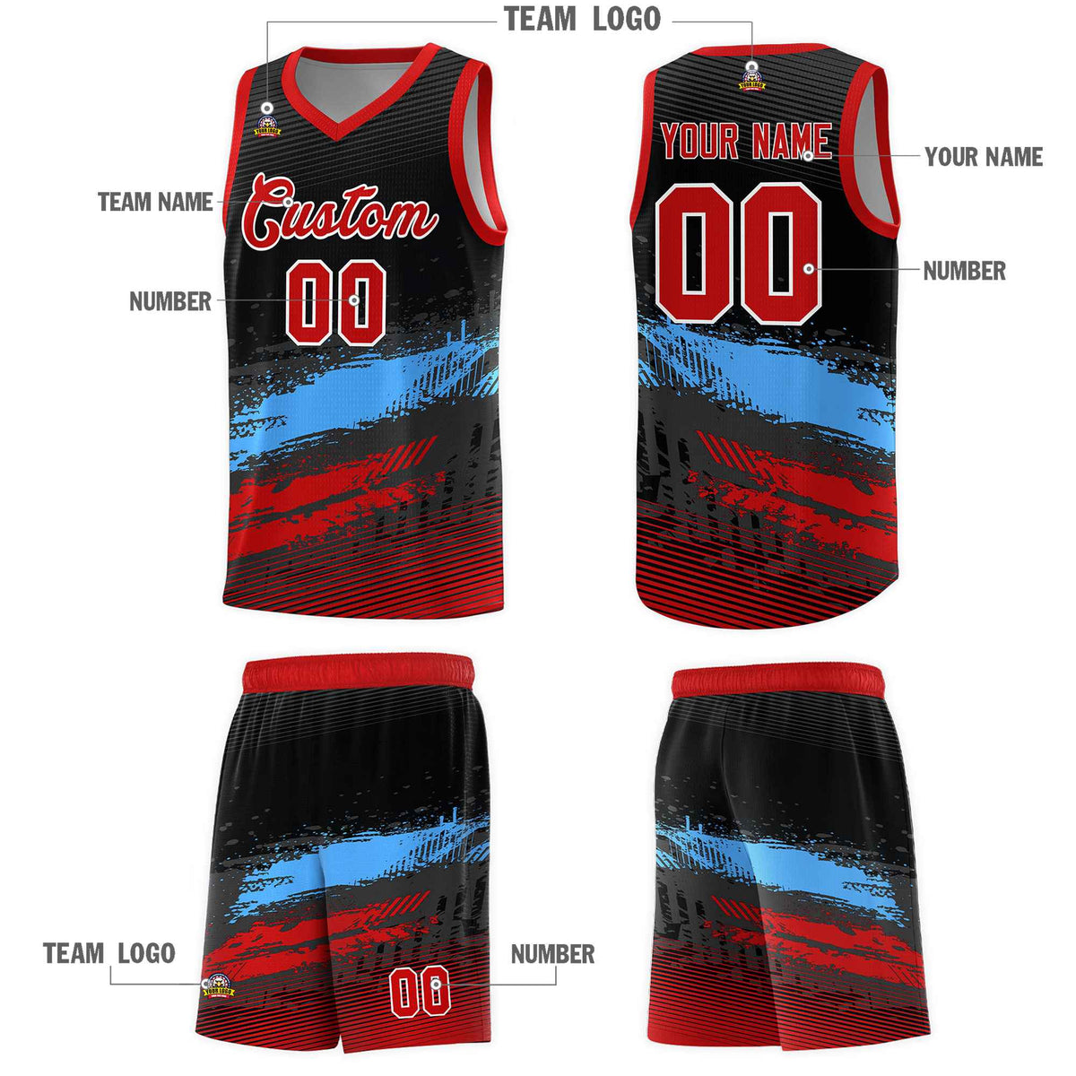 Custom Black Powder Blue and Red Graffiti Pattern Sports Uniform Basketball Jersey|KXKSHOP