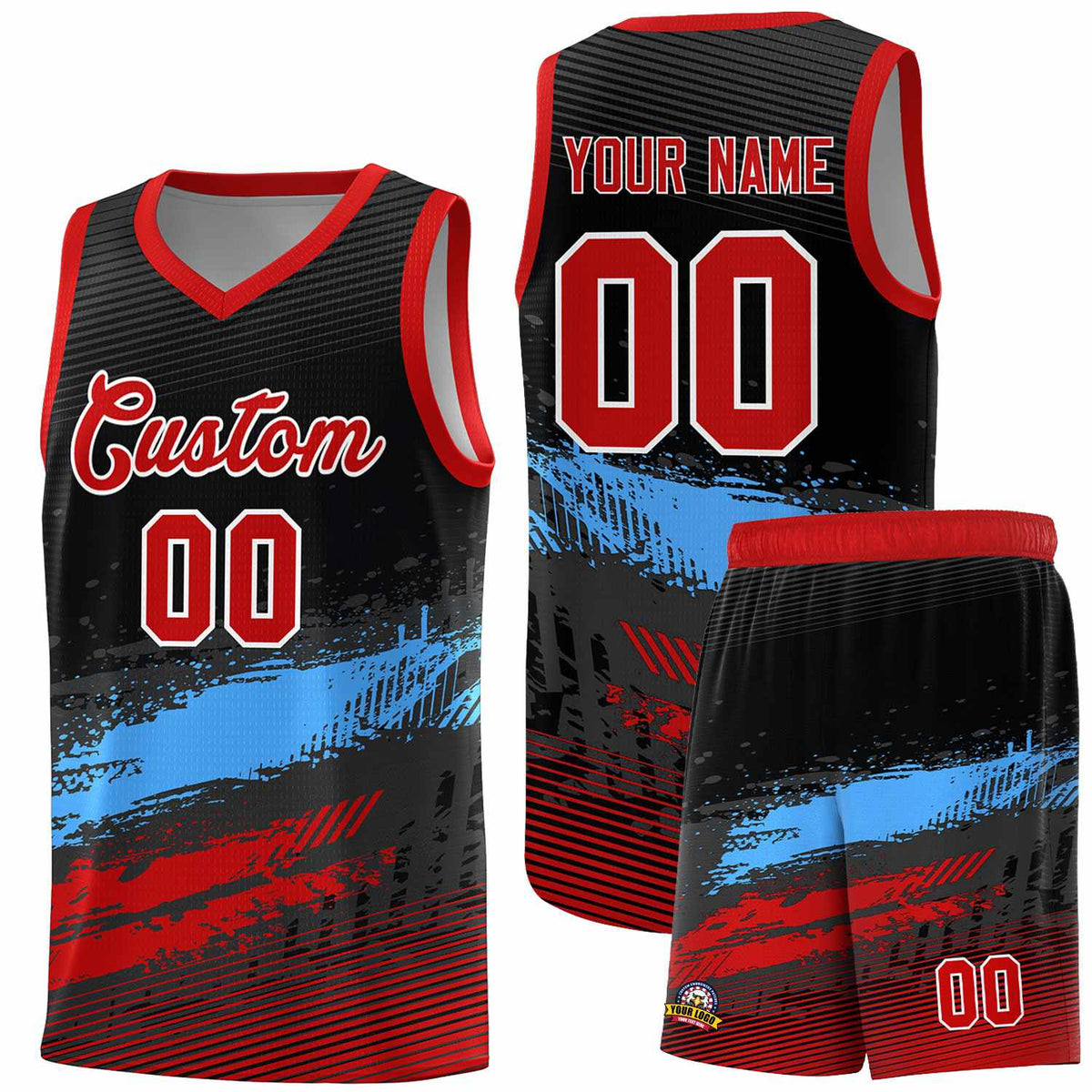 Custom Black Powder Blue and Red Graffiti Pattern Sports Uniform Basketball Jersey|KXKSHOP