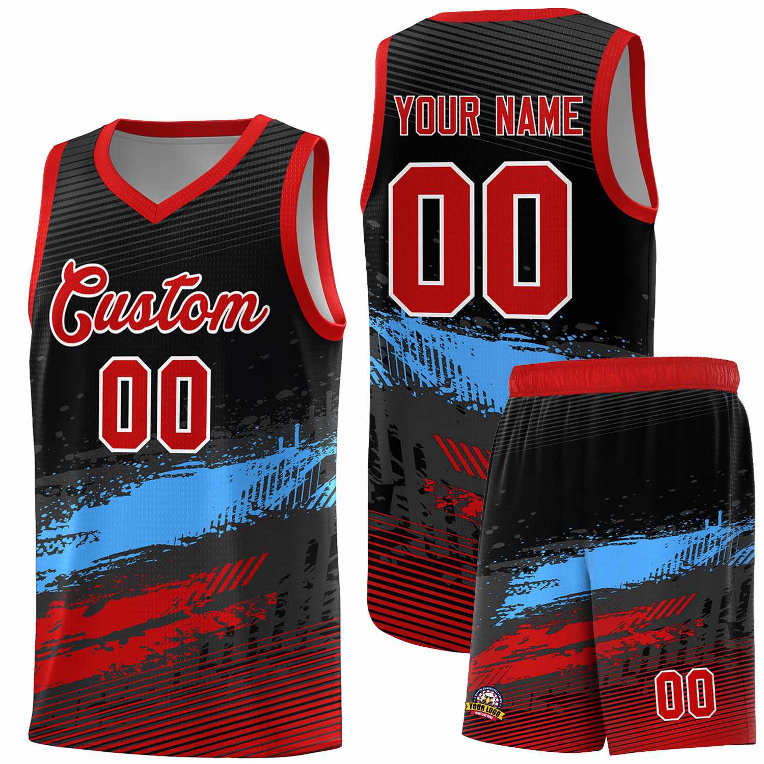 Custom Black Powder Blue and Red Graffiti Pattern Sports Uniform Basketball Jersey|KXKSHOP