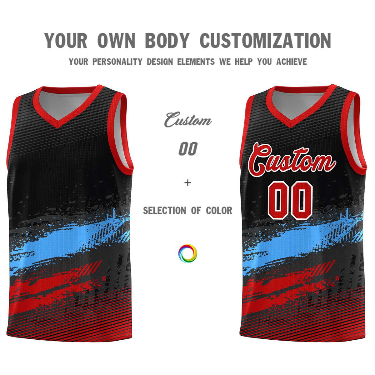 Custom Black Powder Blue and Red Graffiti Pattern Sports Uniform Basketball Jersey|KXKSHOP