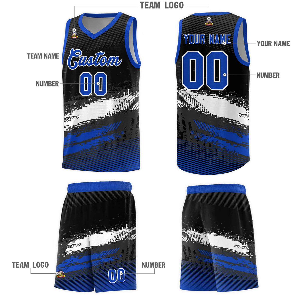 Custom Black White and Royal Graffiti Pattern Sports Uniform Basketball Jersey|KXKSHOP