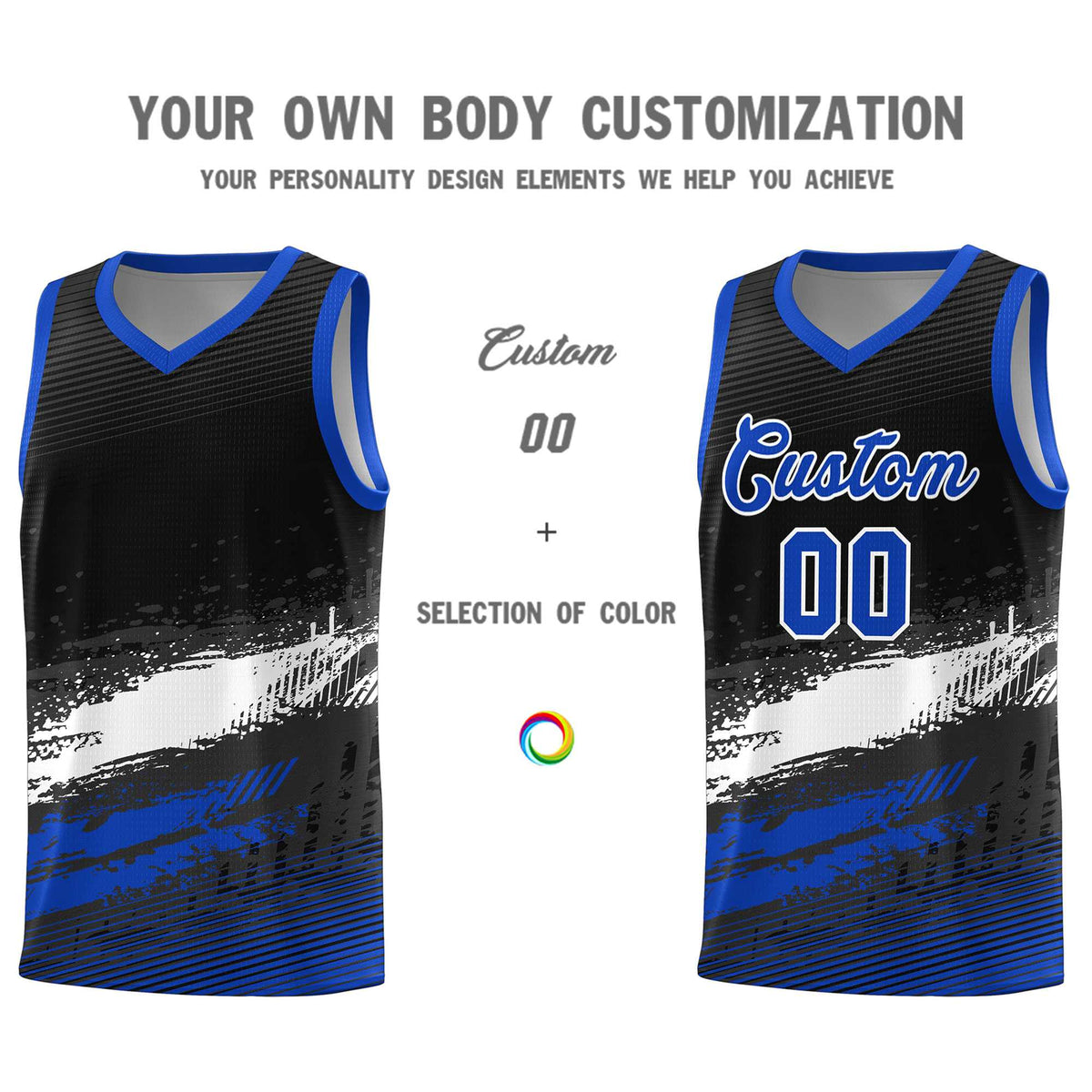 Custom Black White and Royal Graffiti Pattern Sports Uniform Basketball Jersey|KXKSHOP