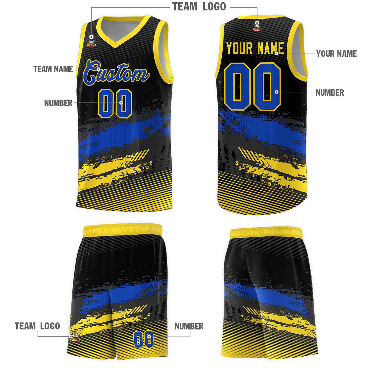 Custom Black Royal and Gold Graffiti Pattern Sports Uniform Basketball Jersey|KXKSHOP