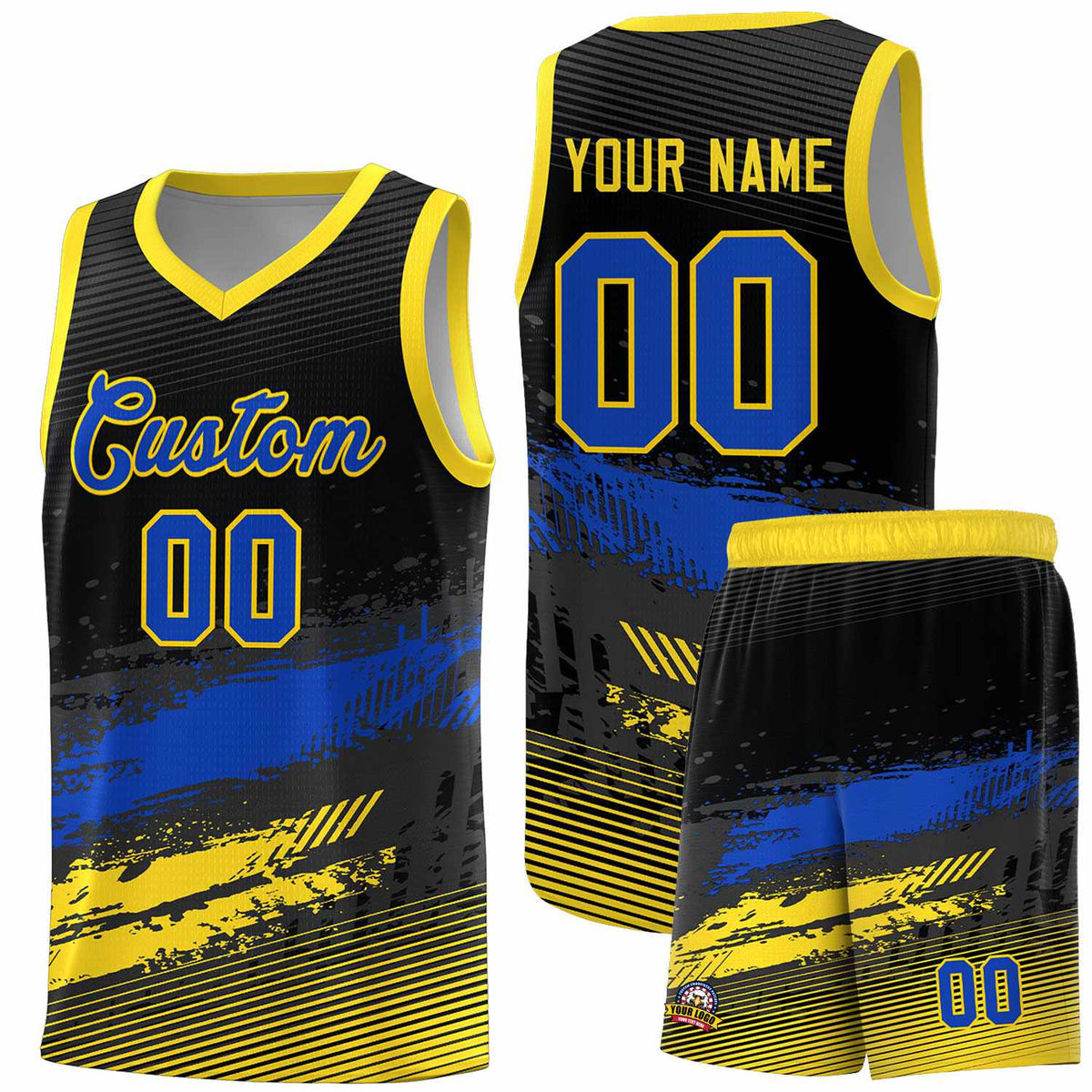 Custom Black Royal and Gold Graffiti Pattern Sports Uniform Basketball Jersey|KXKSHOP