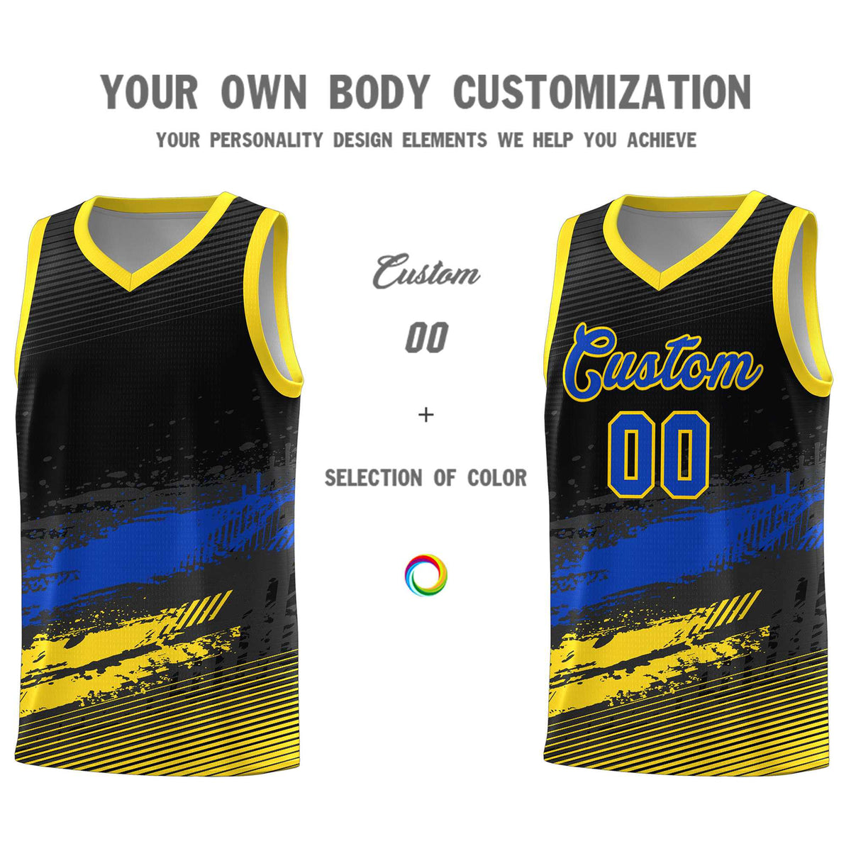 Custom Black Royal and Gold Graffiti Pattern Sports Uniform Basketball Jersey|KXKSHOP