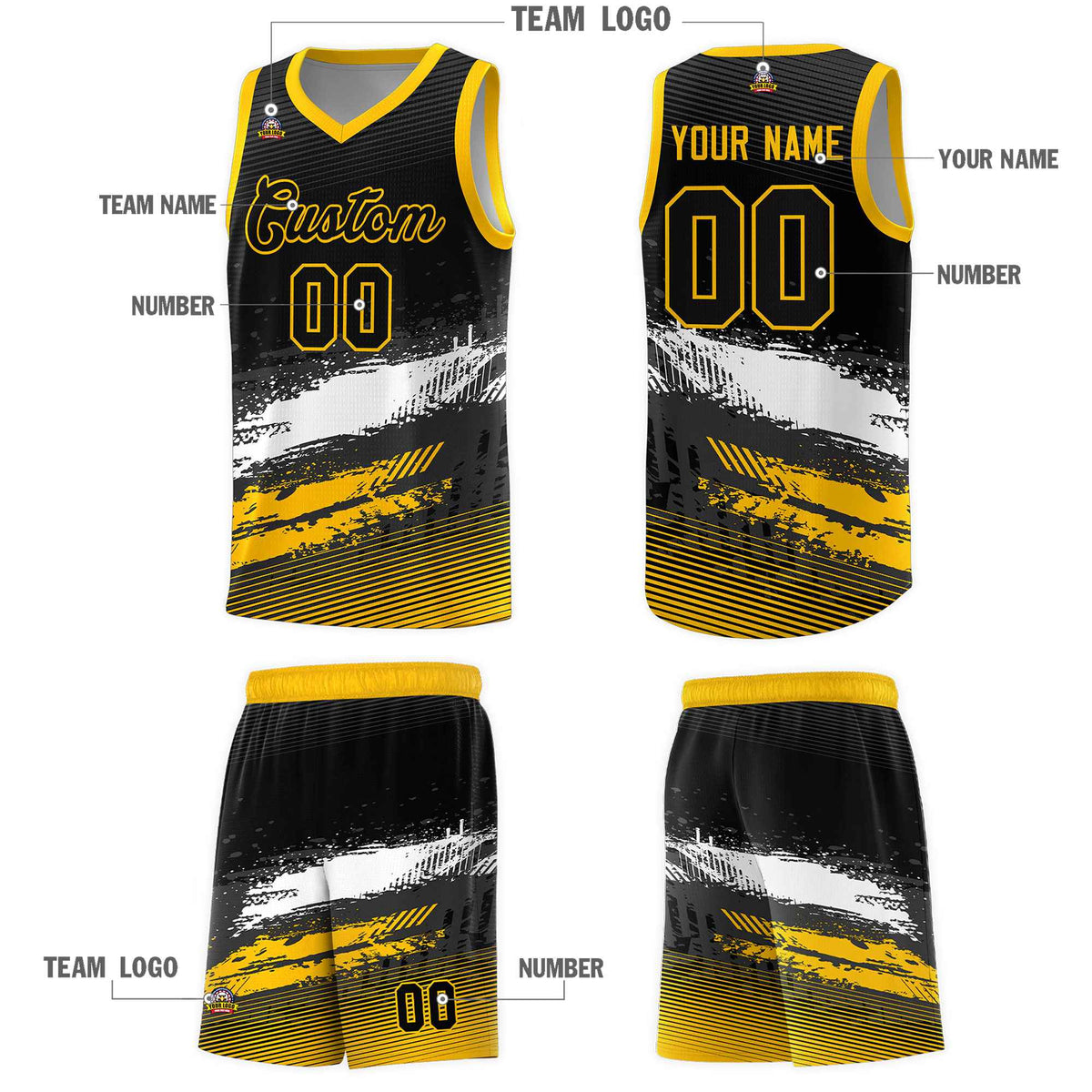 Custom Black White and Yellow Graffiti Pattern Sports Uniform Basketball Jersey|KXKSHOP