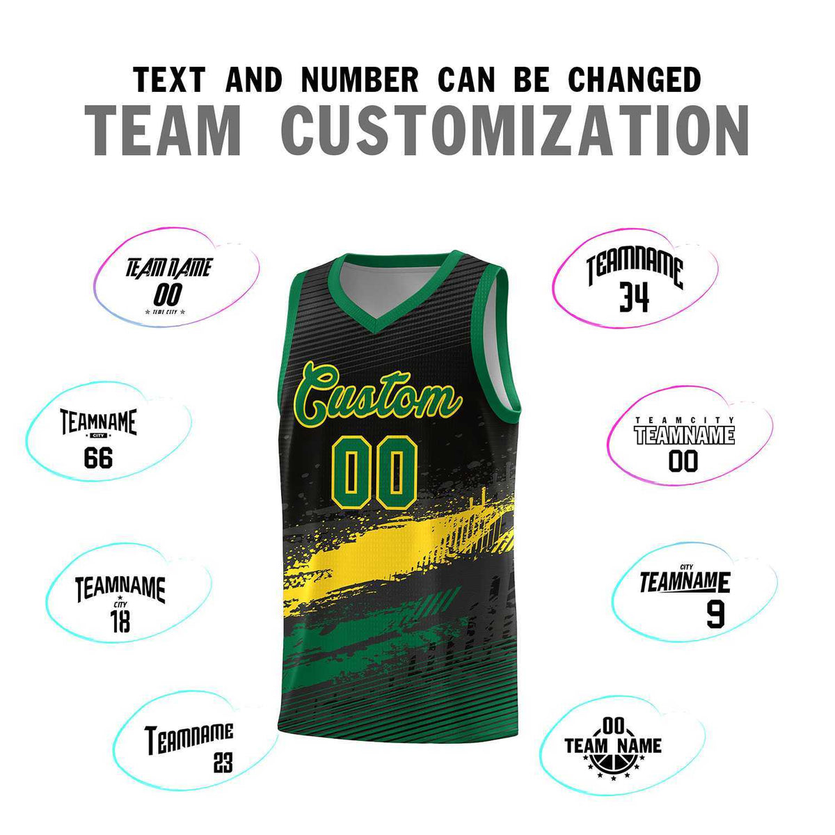 Custom Black Yellow and Kelly Green Graffiti Pattern Sports Uniform Basketball Jersey|KXKSHOP