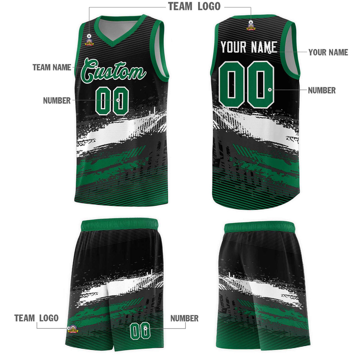 Custom Black White and Kelly Green Graffiti Pattern Sports Uniform Basketball Jersey|KXKSHOP