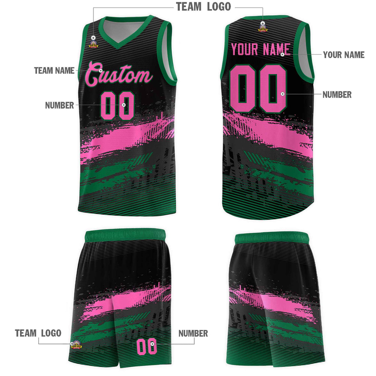 Custom Black Pink and Kelly Green Graffiti Pattern Sports Uniform Basketball Jersey|KXKSHOP