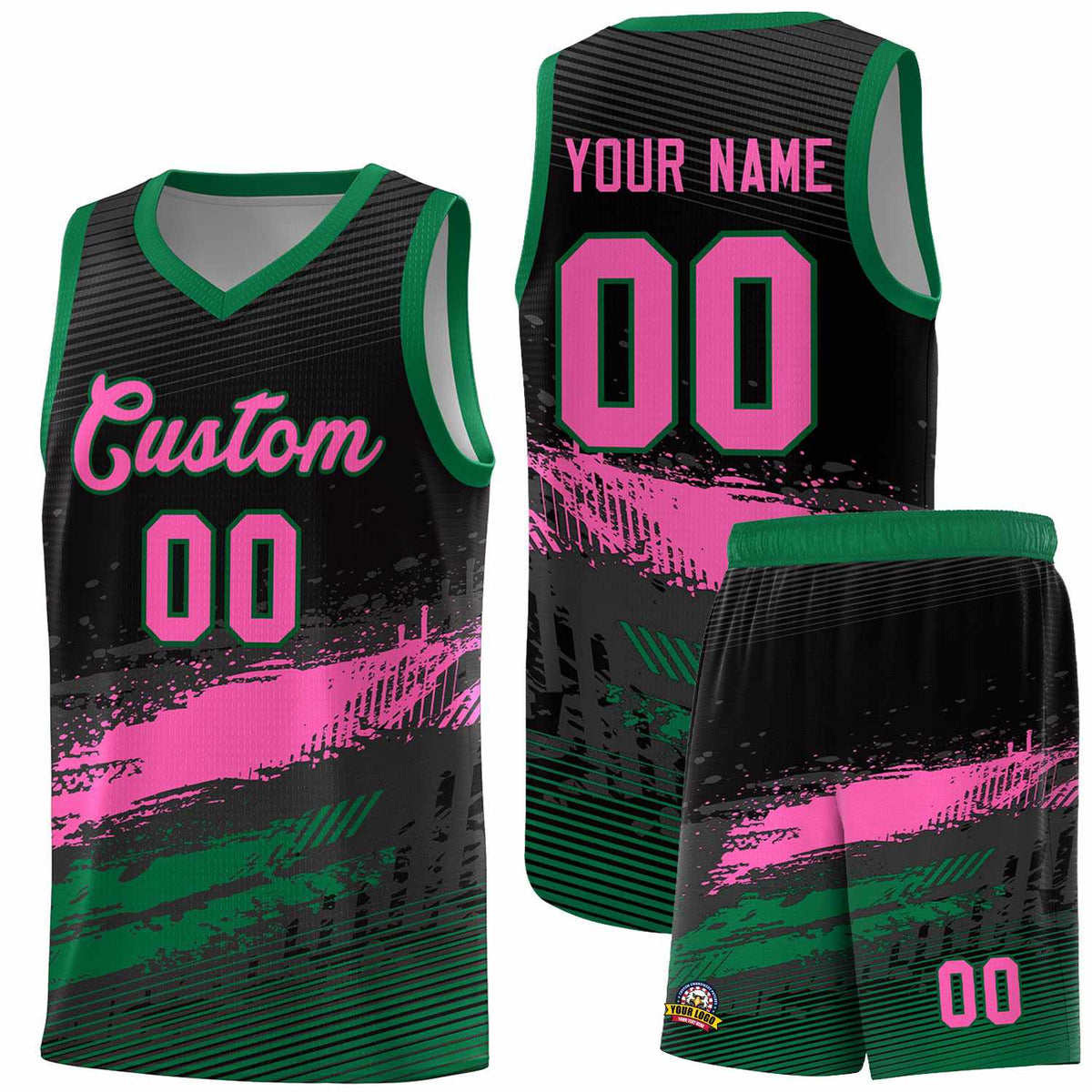 Custom Black Pink and Kelly Green Graffiti Pattern Sports Uniform Basketball Jersey|KXKSHOP