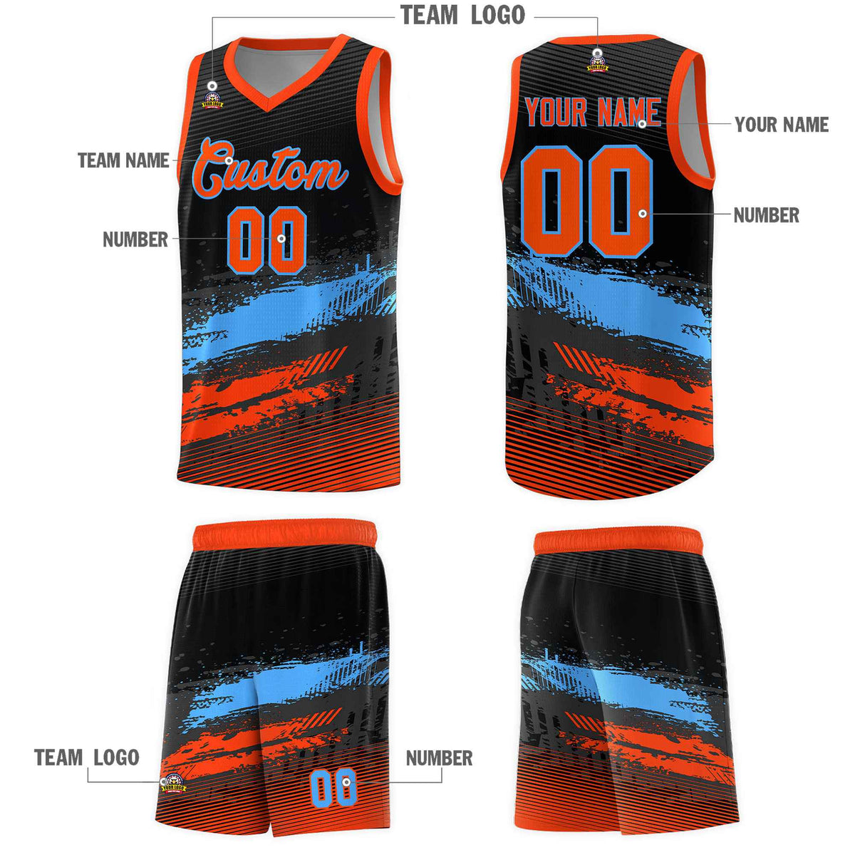 Custom Black Powder Blue and Orange Graffiti Pattern Sports Uniform Basketball Jersey|KXKSHOP