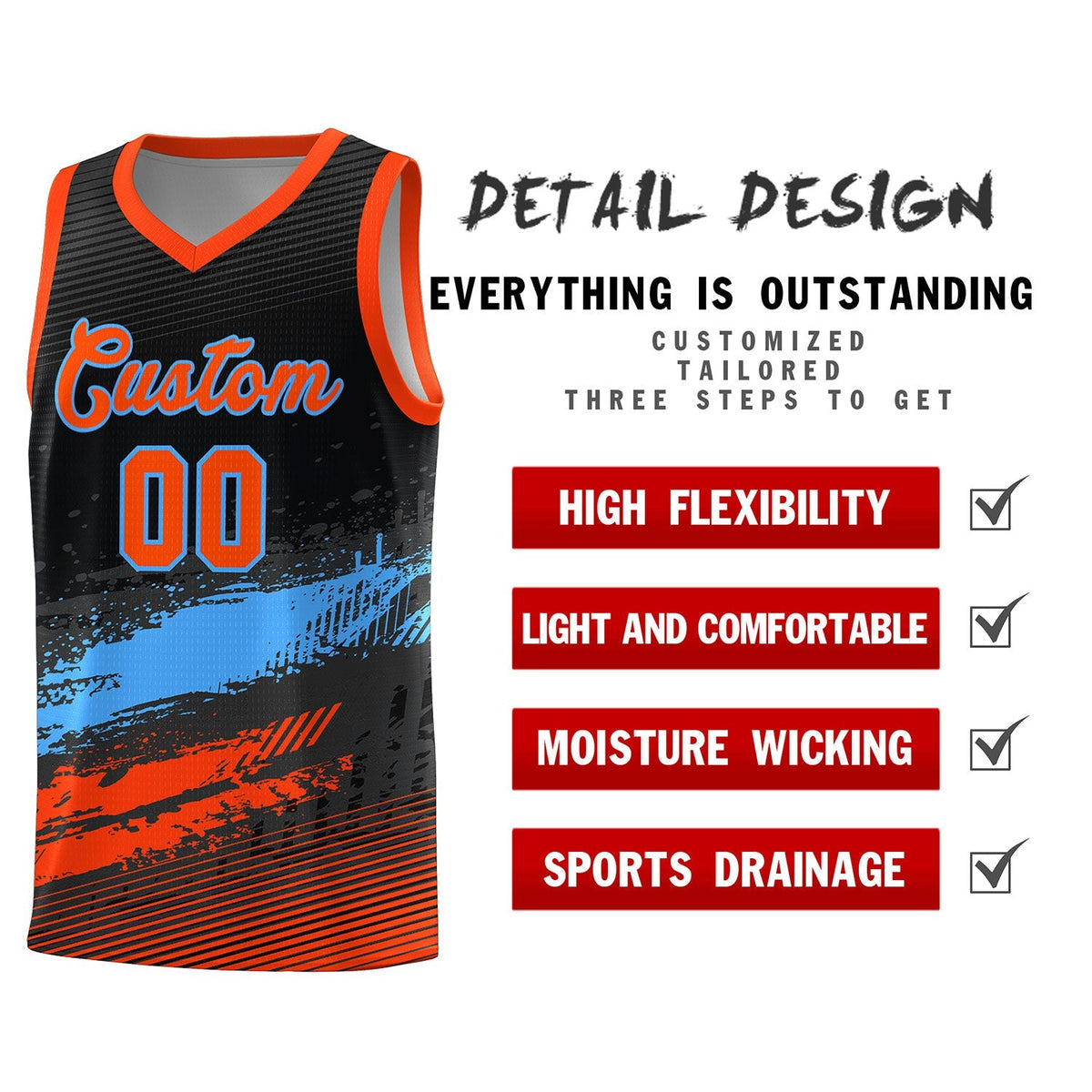 Custom Black Powder Blue and Orange Graffiti Pattern Sports Uniform Basketball Jersey|KXKSHOP