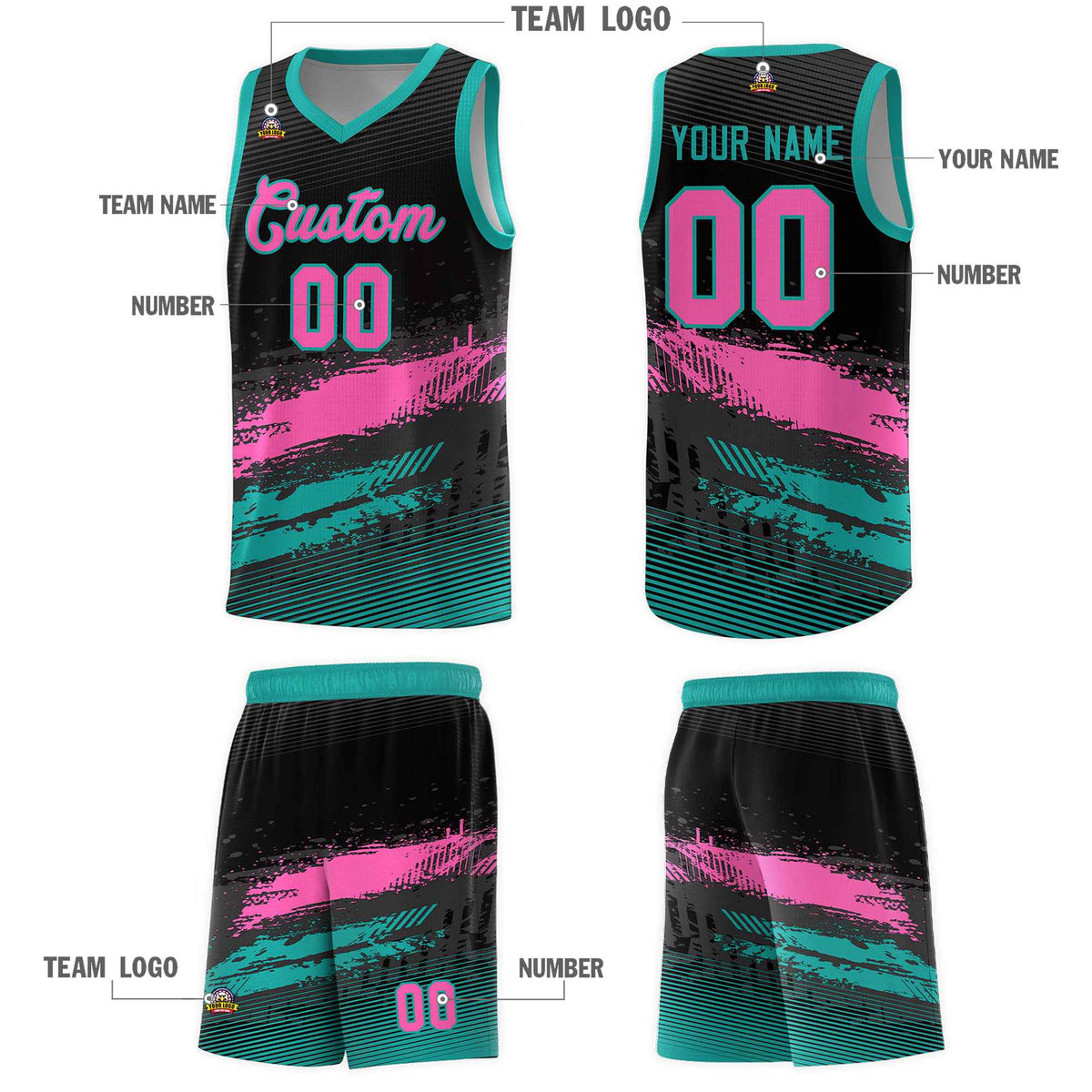 Custom Black Pink and Aqua Graffiti Pattern Sports Uniform Basketball Jersey|KXKSHOP