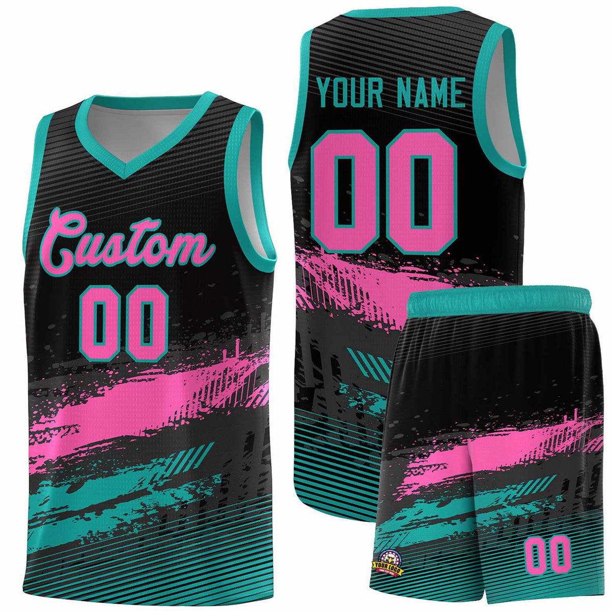 Custom Black Pink and Aqua Graffiti Pattern Sports Uniform Basketball Jersey|KXKSHOP