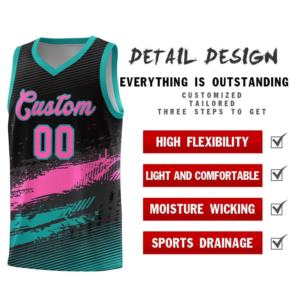 Custom Black Pink and Aqua Graffiti Pattern Sports Uniform Basketball Jersey|KXKSHOP