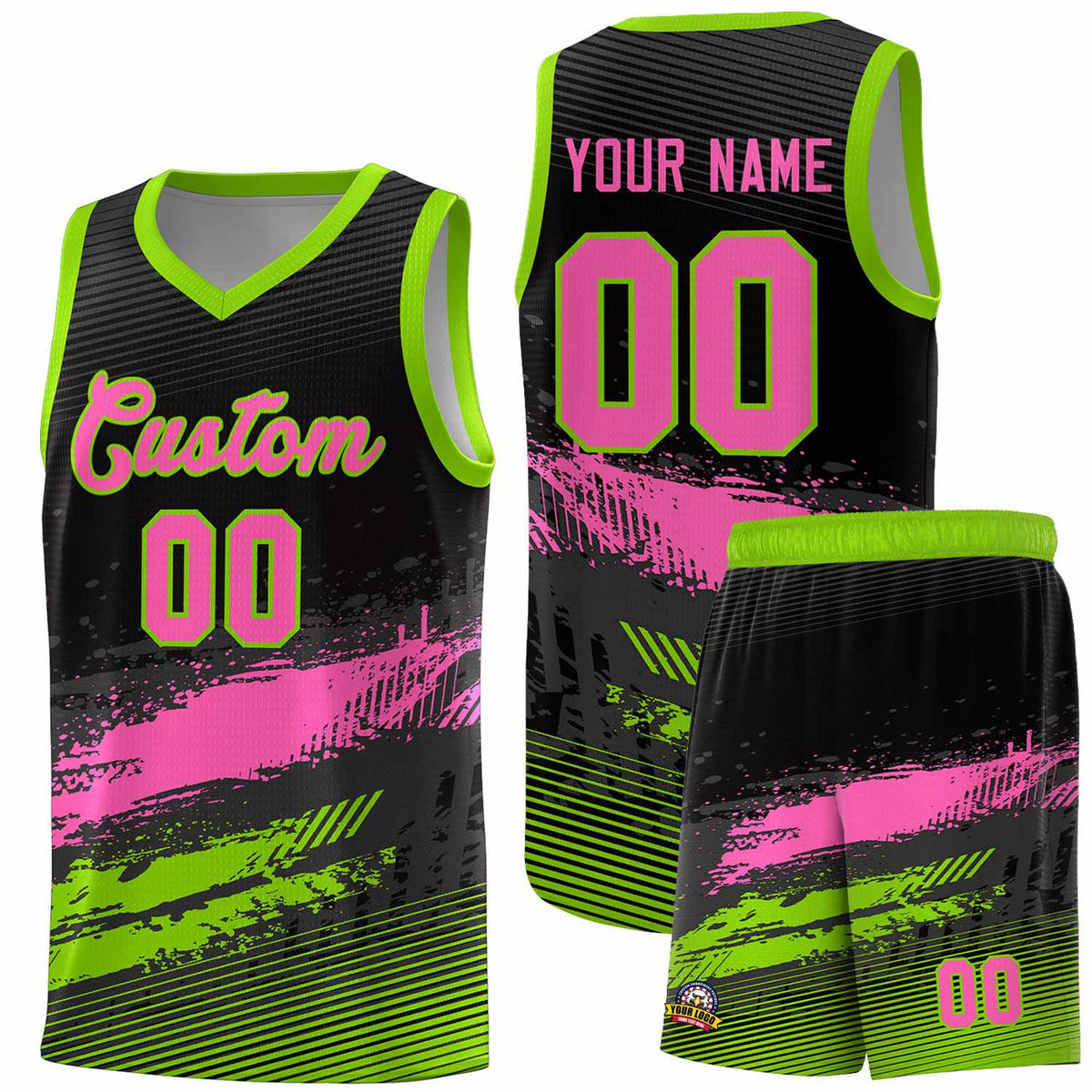 Custom Black Pink and Neon Green Graffiti Pattern Sports Uniform Basketball Jersey|KXKSHOP